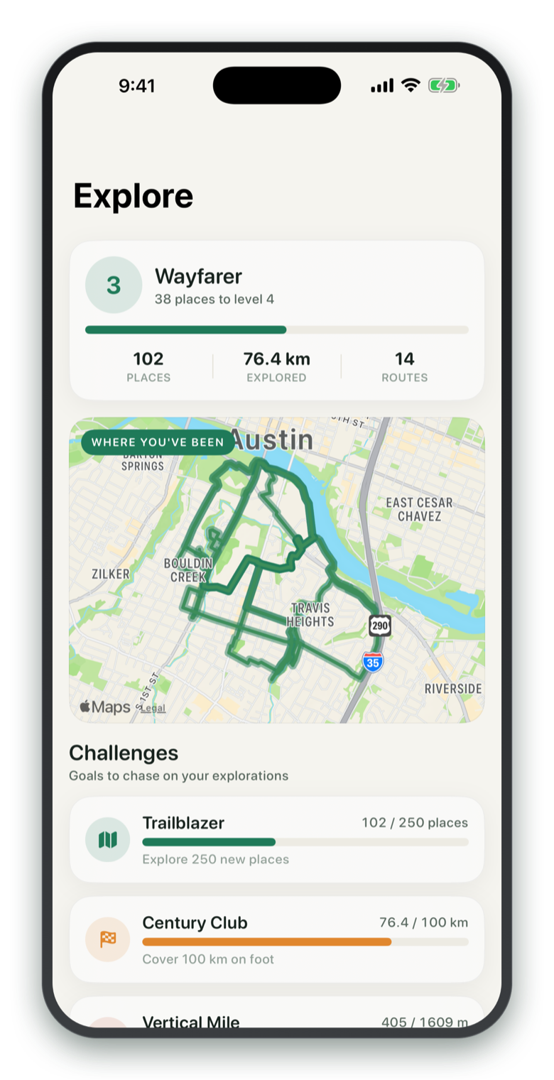 Roam Explore screen showing a personal map of completed routes